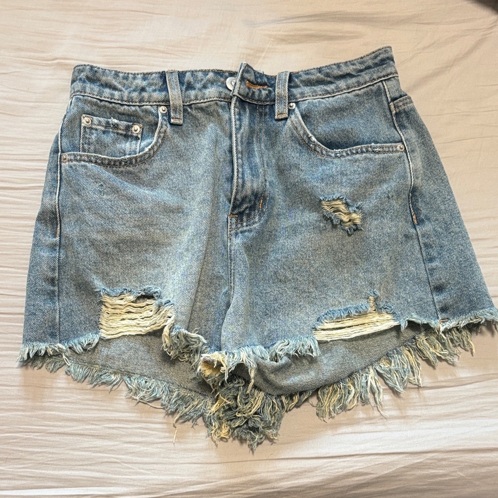 Classic High-Waist Distressed Denim Shorts - Light Blue